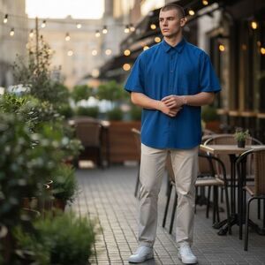 Van Heusen Studio Slim Fit Green Blue Button-Down Shirt Men Size XL Short Sleeve